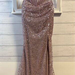 Sequin Side-Slit Prom Gown in Blush Pink